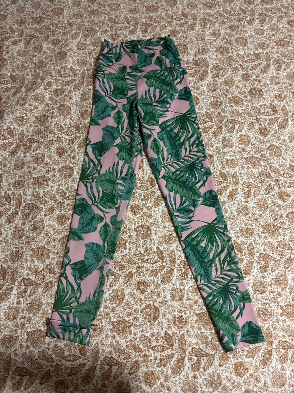 Beach Riot Pink Leggings with Green Tropical Leaf Print